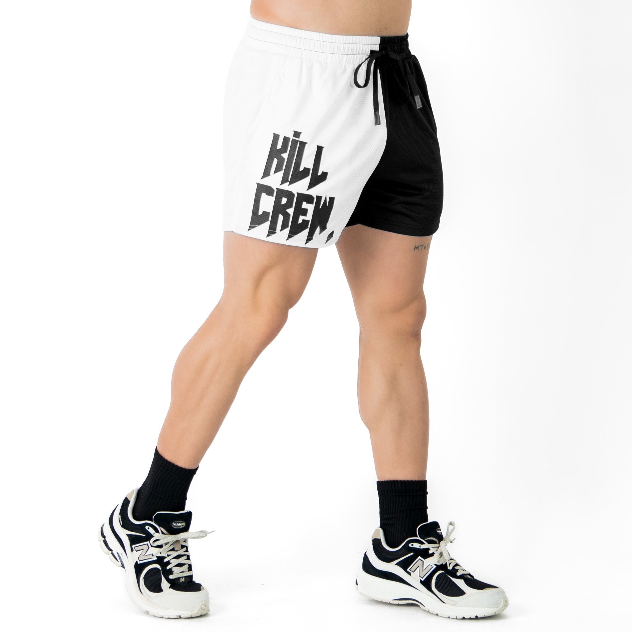 MUAY THAI SHORTS (MID THIGH CUT) 2 TONE - BLACK / WHITE