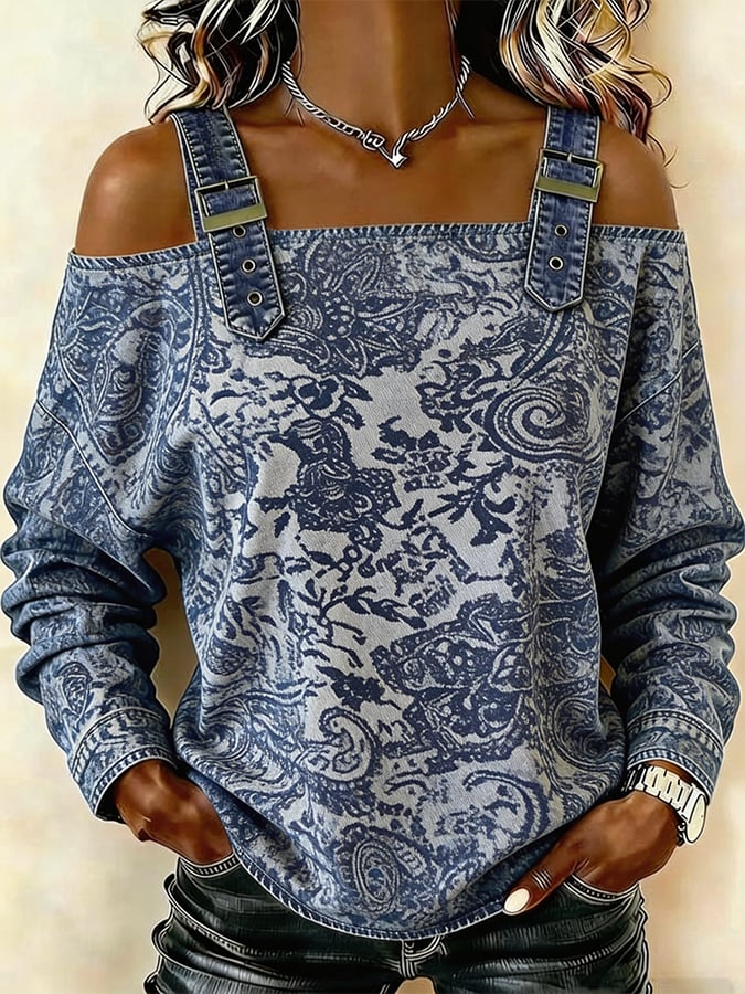 Women's denim casual jacquard off-shoulder top