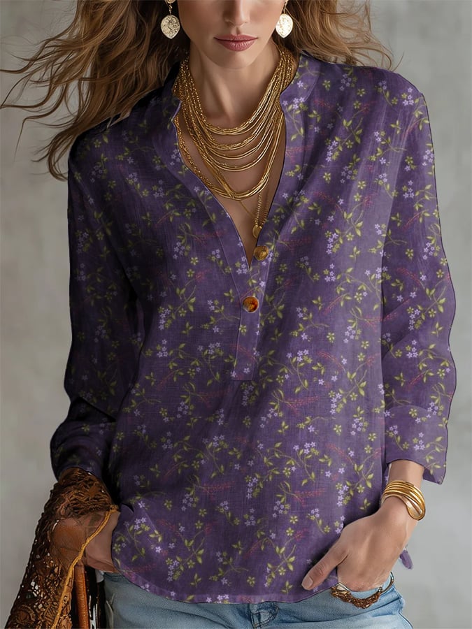 Women's Retro Botanical Flowers Casual Button Down V Neck Shirt