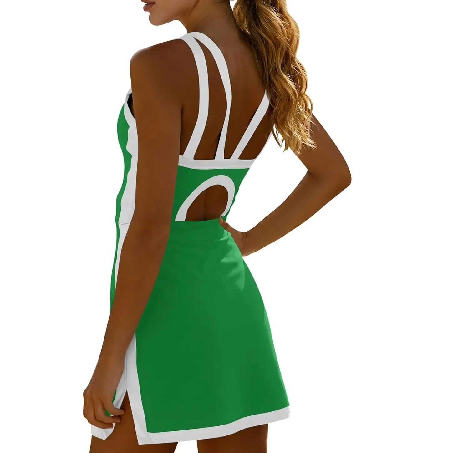 women's sleeveless halter tennis dress with white piping, open back design, and stylish cutout details at the back, perfect for sports or casual wear