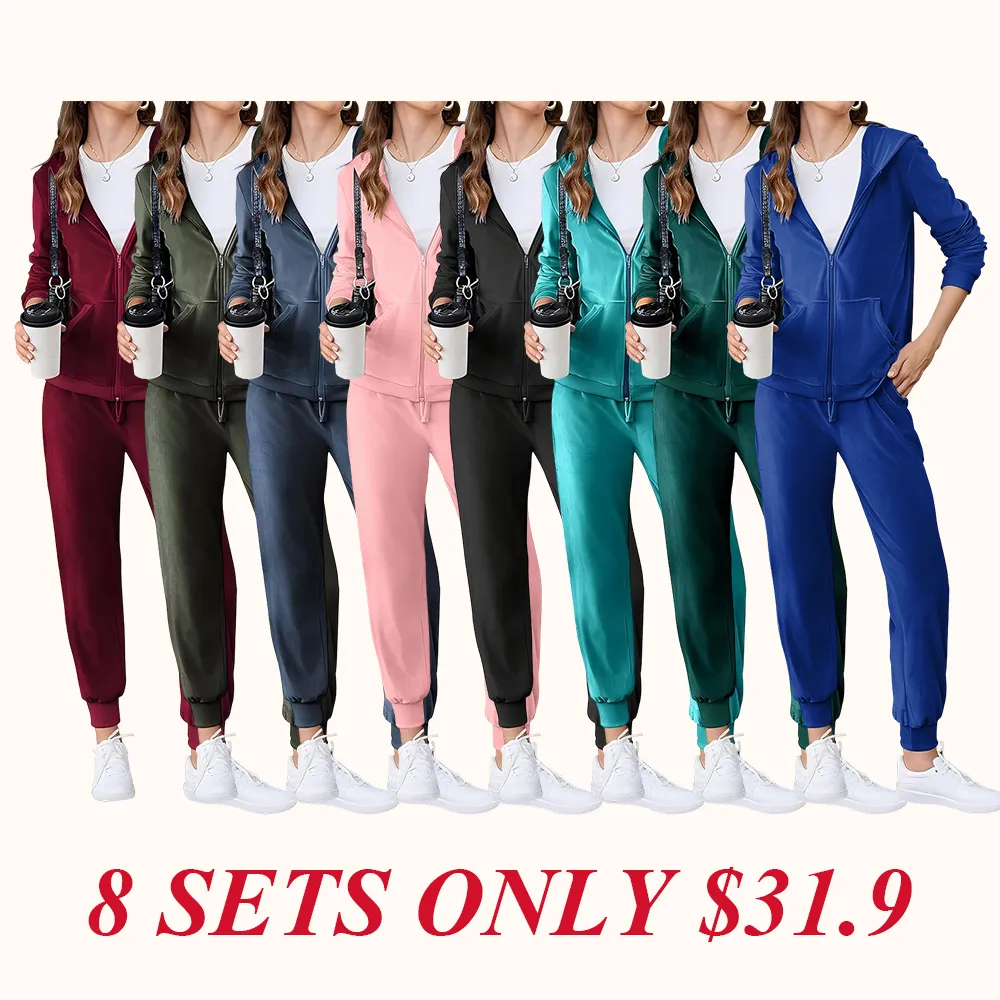 Women's Casual Velour Tracksuit Set Full Zipper Hoodie