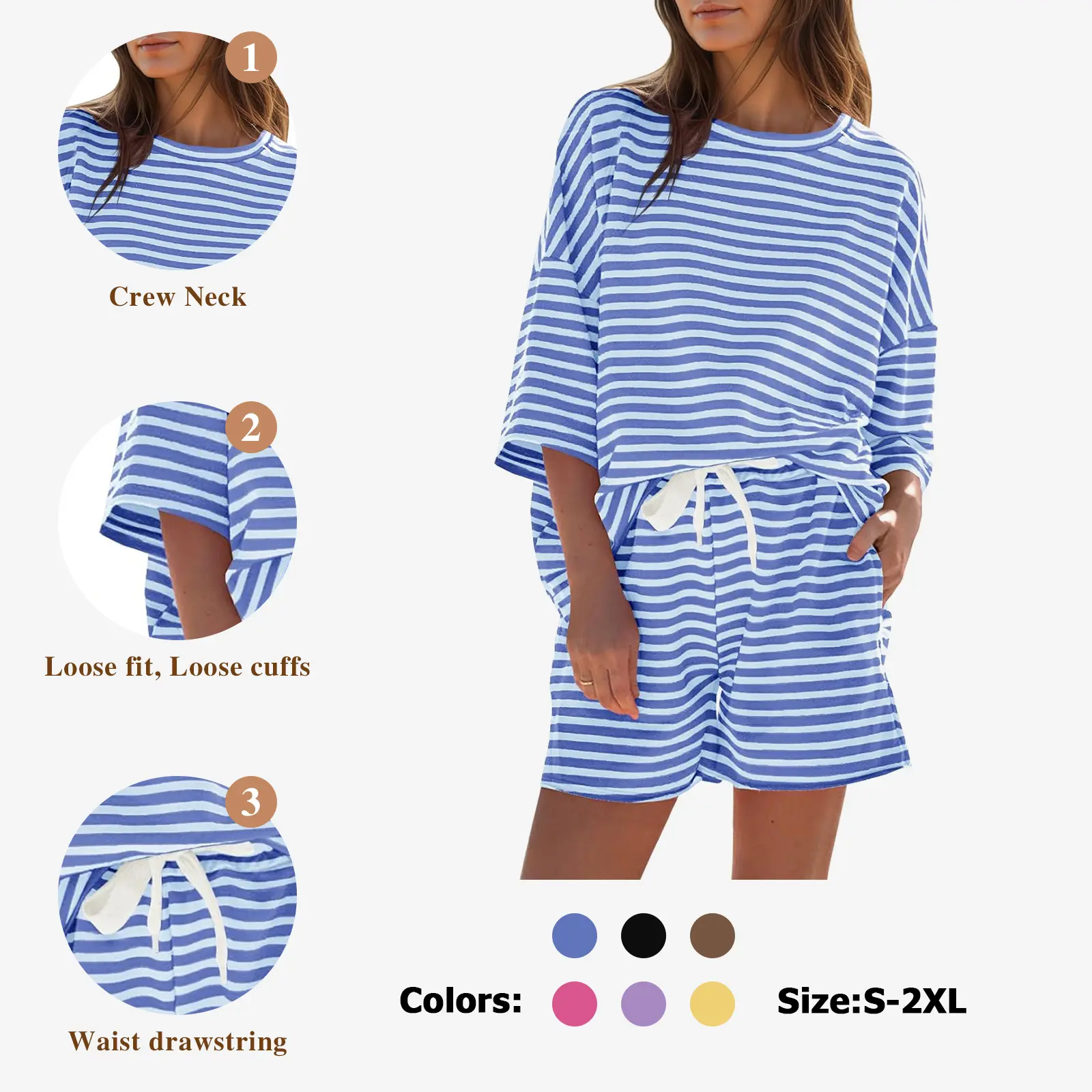 Womens Striped Short Sets 2 Piece Outfits Sweatsuits 3/4 Sleeve Pajamas Casual Lounge Sets