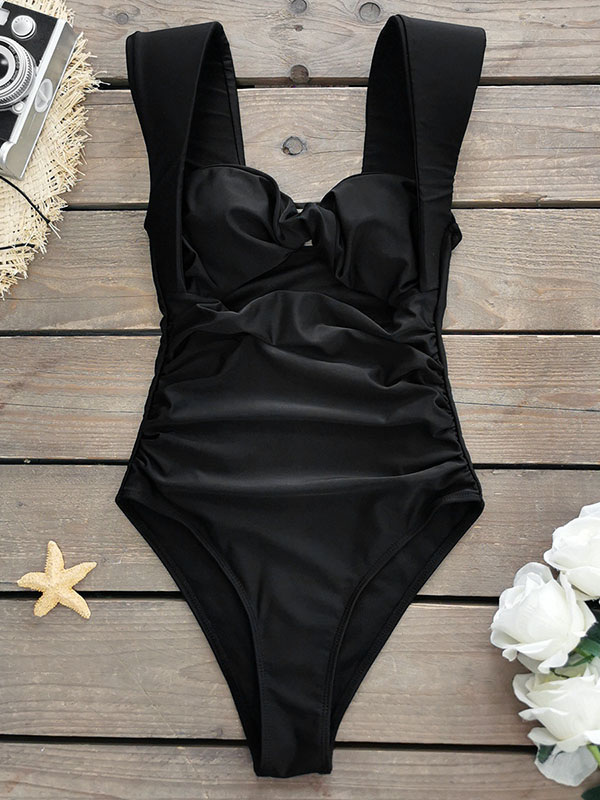 Padded Bowknot Hollow Solid Color One-Piece Swimwear