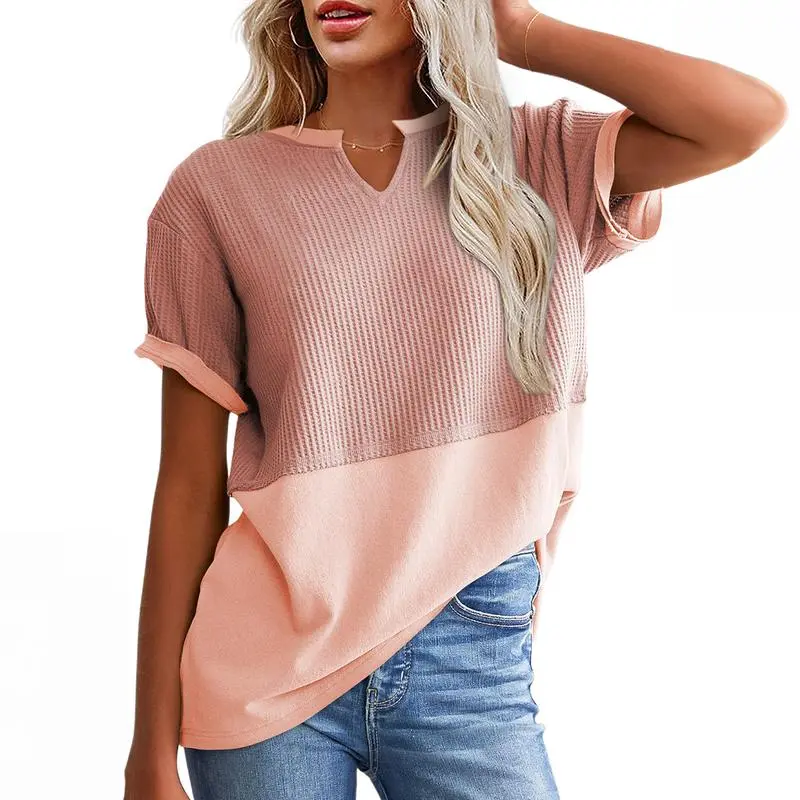 2026 Spring/Summer Cozy Oversized Waffle Knit V-Neck Top Women's Short Sleeve Pullover