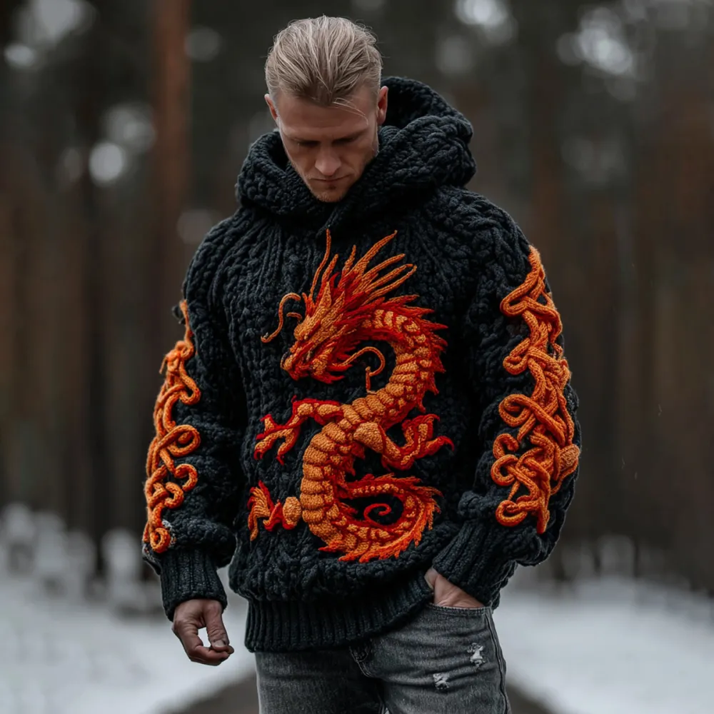 Men's Viking Celtic Dragon Art Thick Knit Hoodie