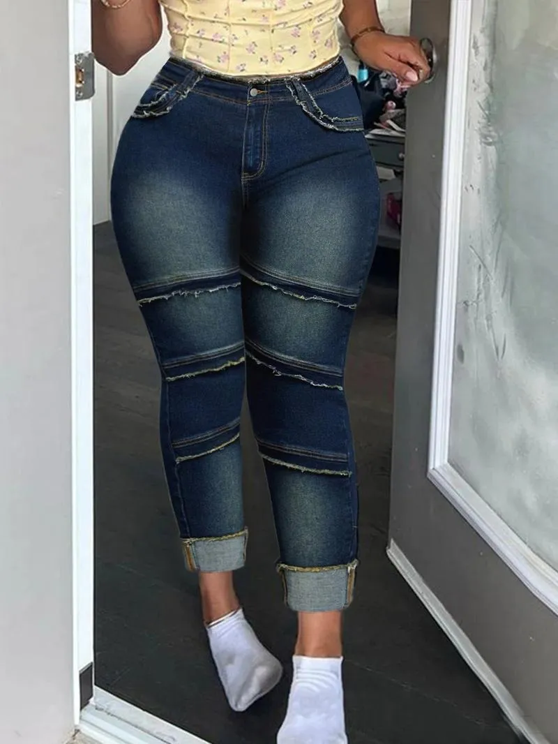 Raw Hem High-Waisted Denim Jeans with Pockets