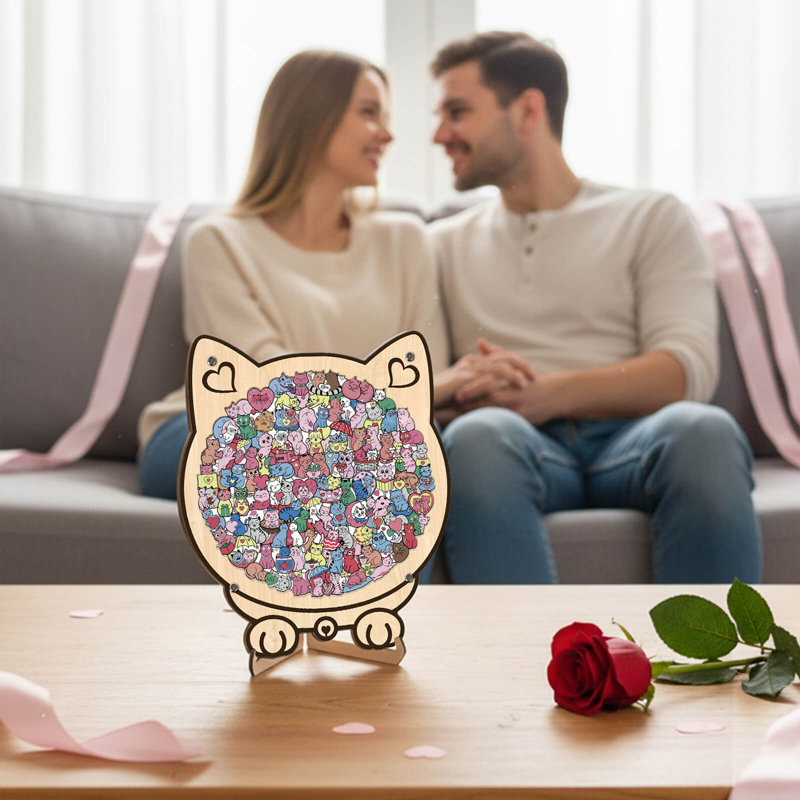 Cute Lover Cat Shaped Wooden Jigsaw Puzzle