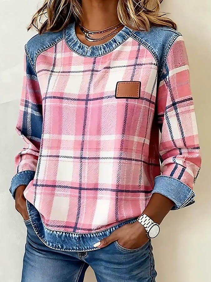 Women'S Casual Round Neck Denim Patchwork Plaid Print Pullover Sweatshirt