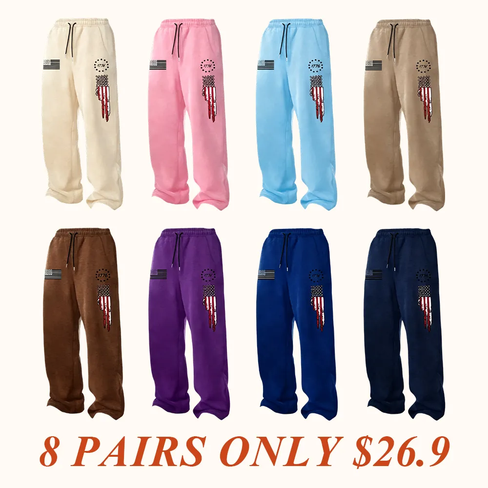 Men's Spring Autumn Classic Flag Print Casual Fitted Pants Set, Drawstring Waist Athleisure Straight Leg Long Trousers