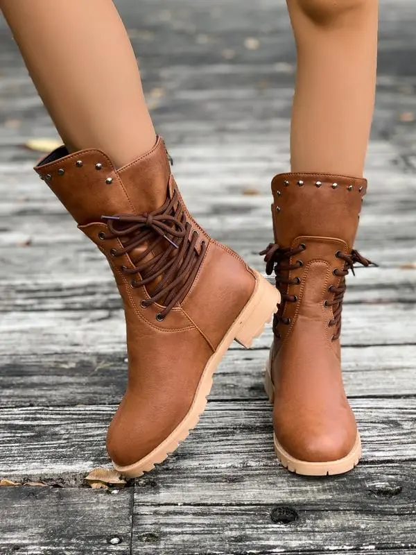 Women's Fashion Solid Color Lace-up Ankle Boots