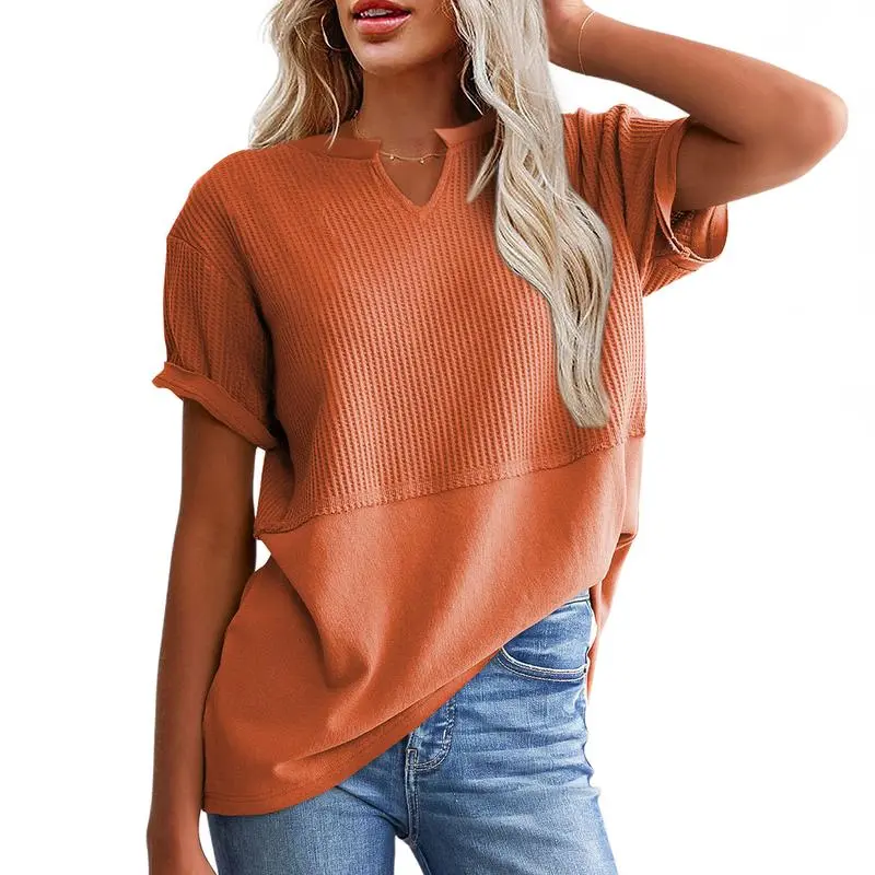 2026 Spring/Summer Cozy Oversized Waffle Knit V-Neck Top Women's Short Sleeve Pullover