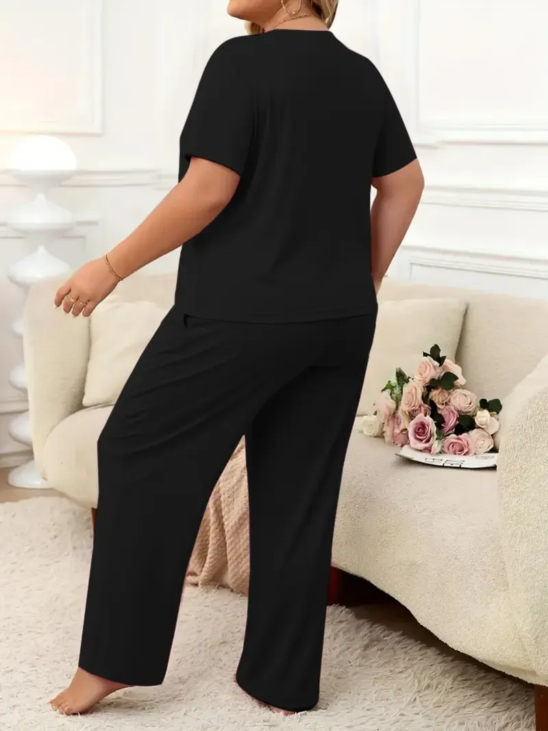Plus-size women's spring/summer fashion printed round neck short-sleeved T-shirt and wide-leg pants two-piece set