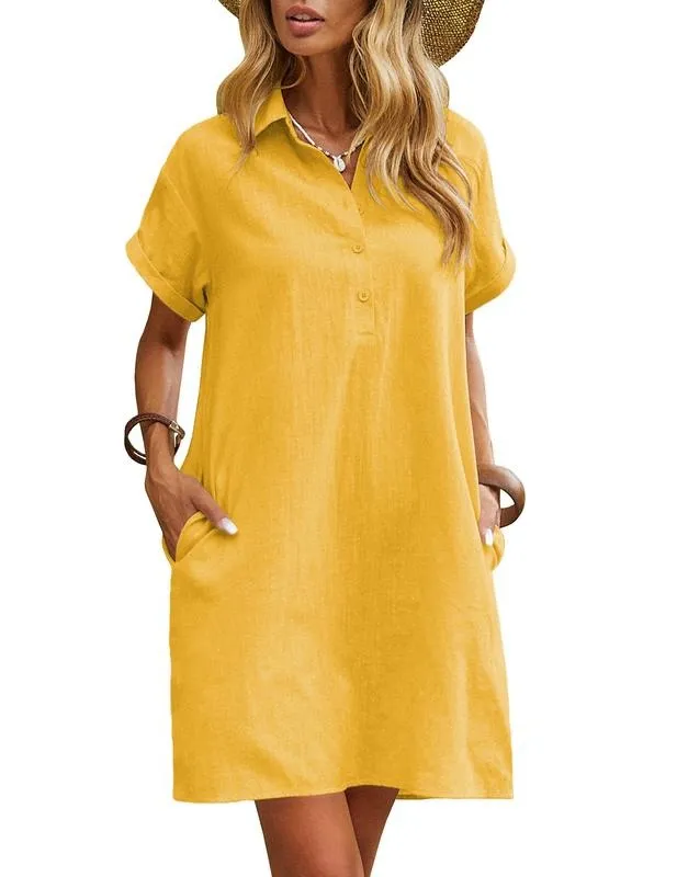 Womens Cotton Shirt Dress Summer Casual Short Sleeve Button Down Beach Cover Up Shirts with Pockets