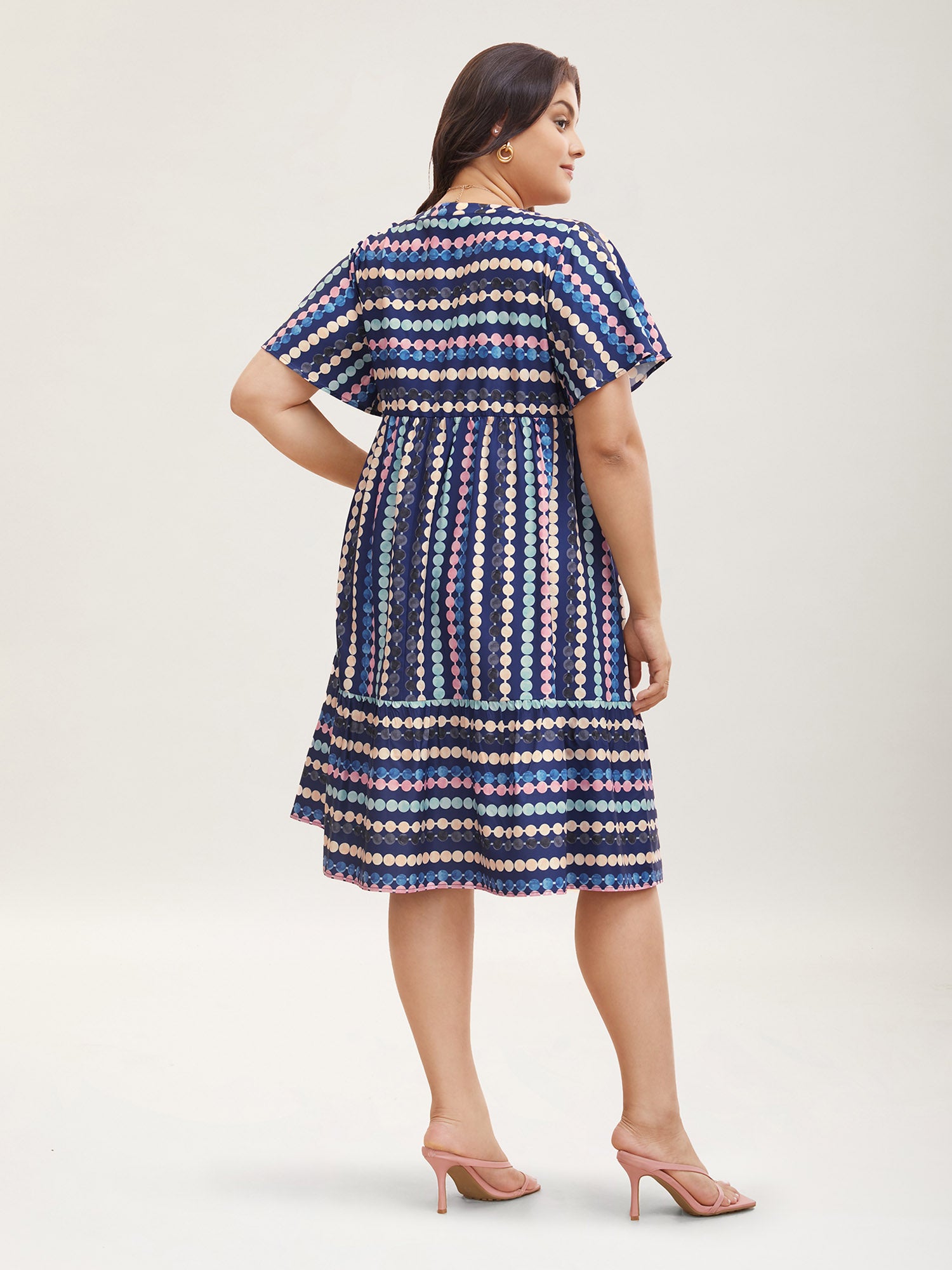 Dot Print Elastic Waist Split Neck Mini Dress