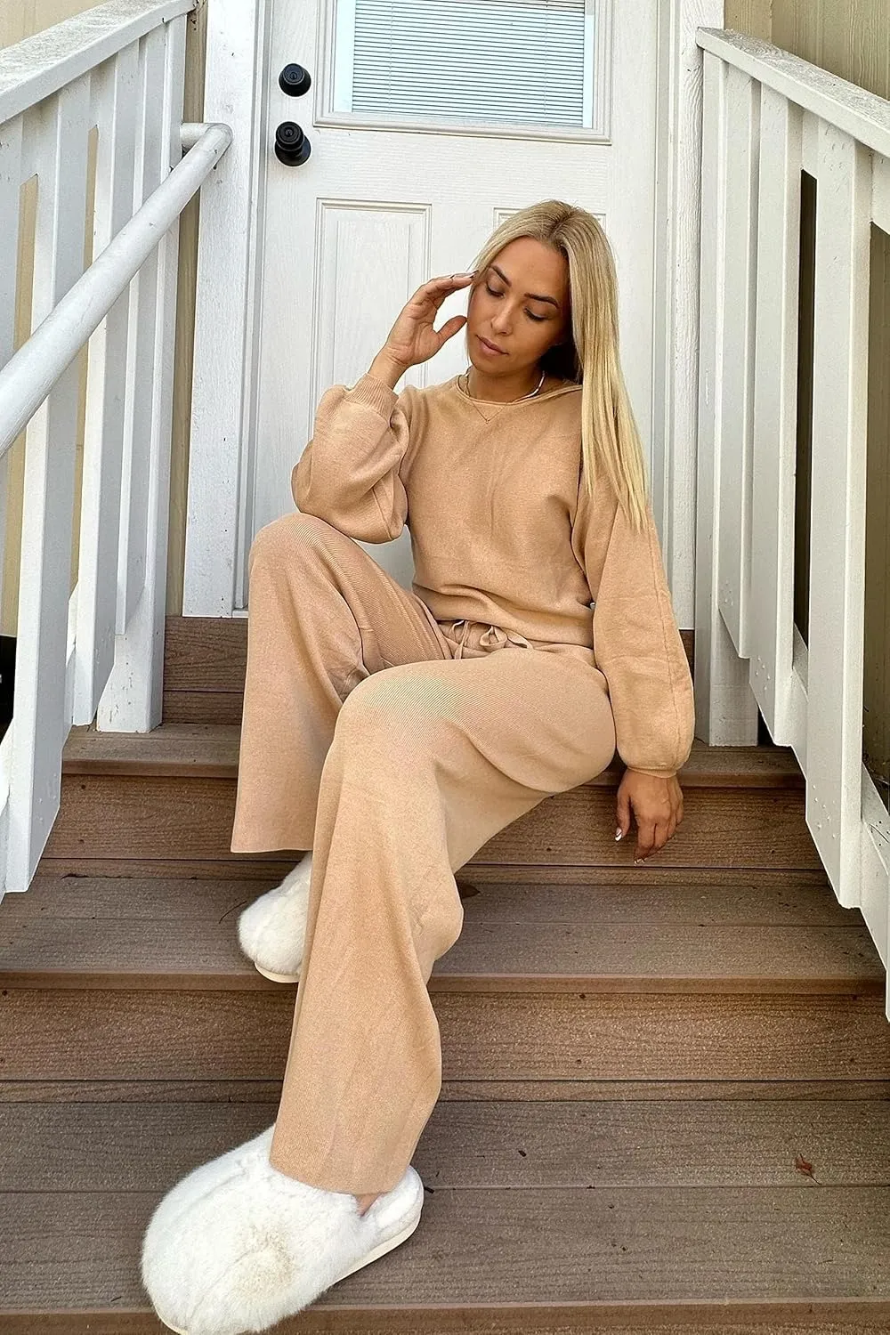 Womens Fall Winter Casual Solid Knitted 2 Piece Sets Long Sleeve Hoodie