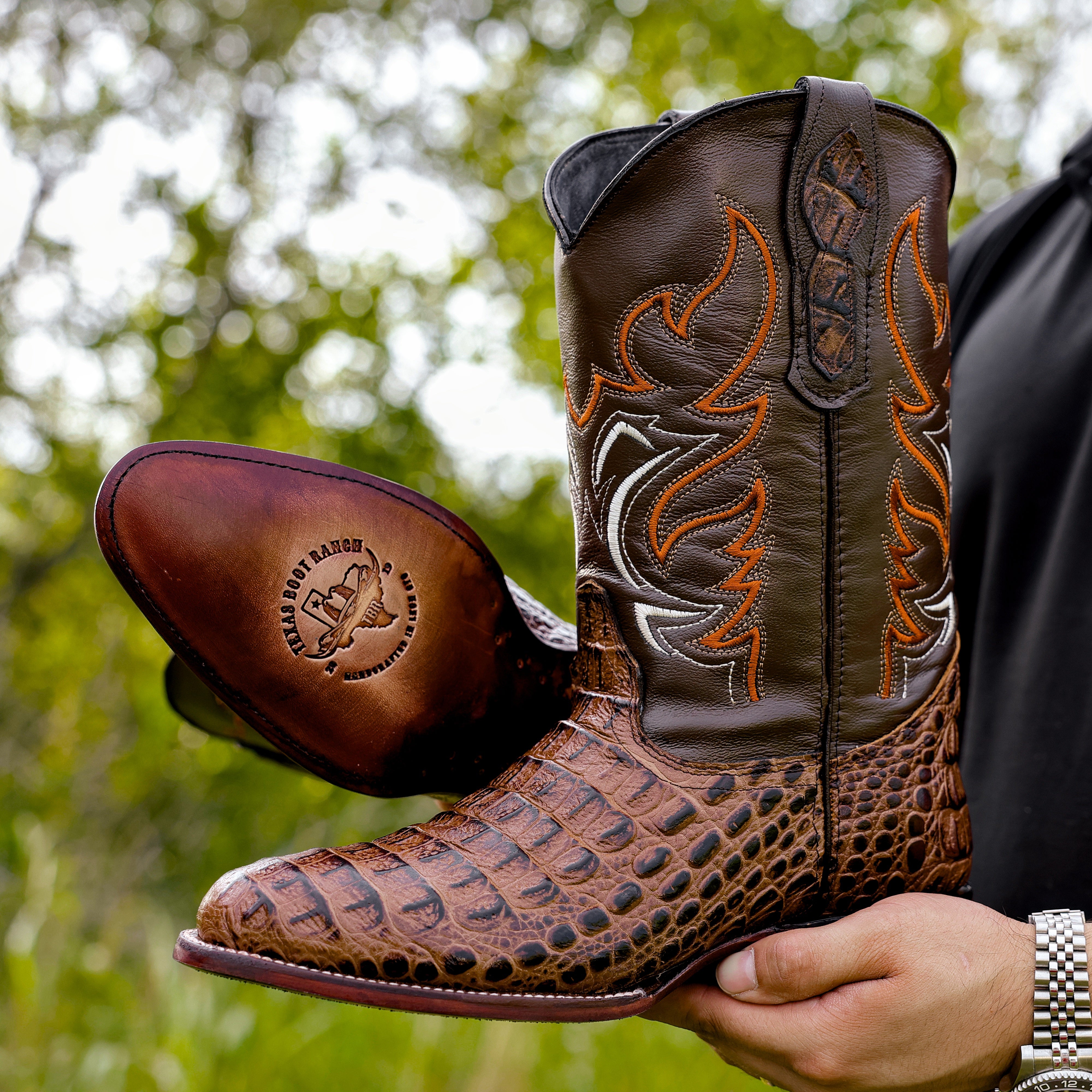 Honey Caiman Hornback Leather Boots - Round Toe