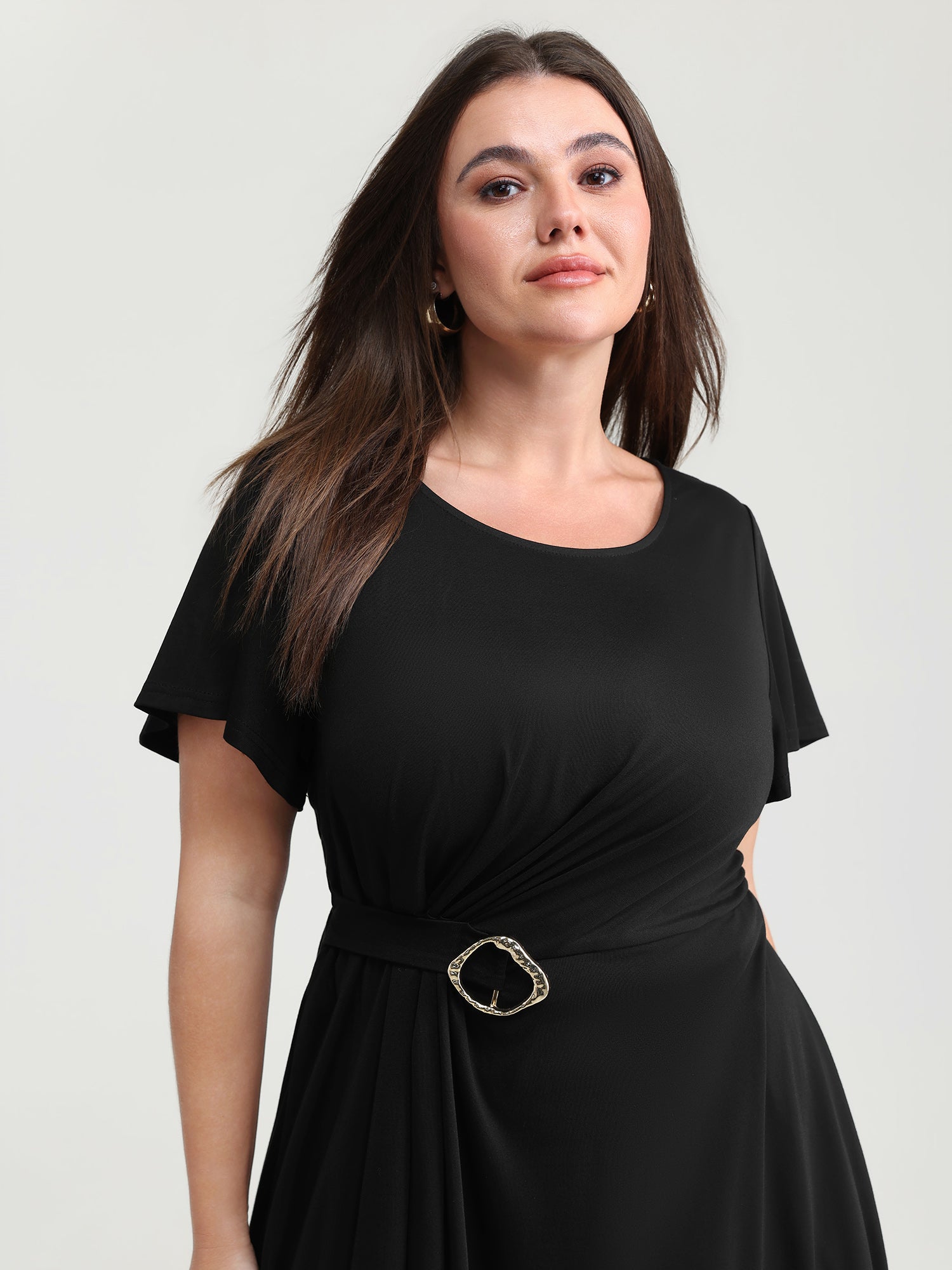 Stretch Knit Pockets Waist-Buckle Mini Dress