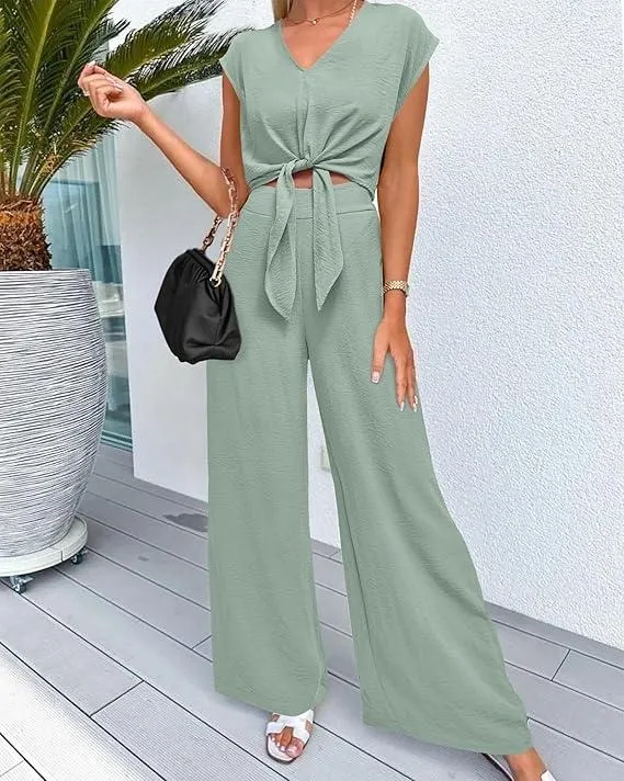 Women's Summer 2 Piece Outfits Cap Sleeve V Neck Belted Crop Tops Wide Leg Pant Sets