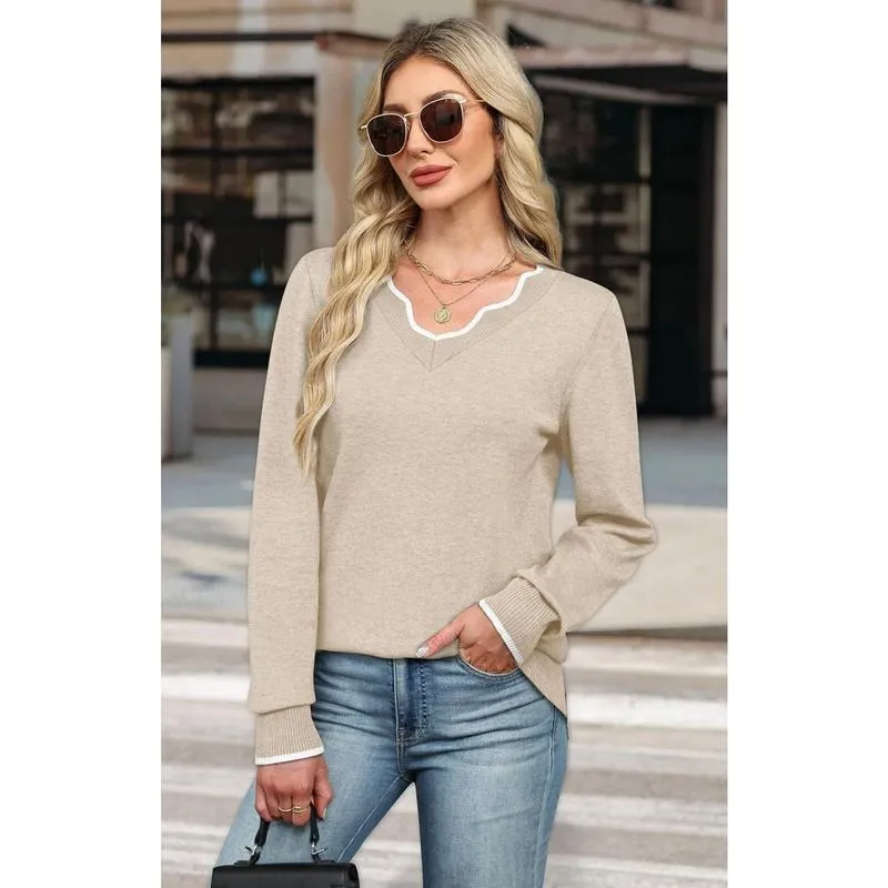 Women's Soft V-Neck Pullover Sweater Lightweight Knit Top for Layering Casual Apricot Longsleeves