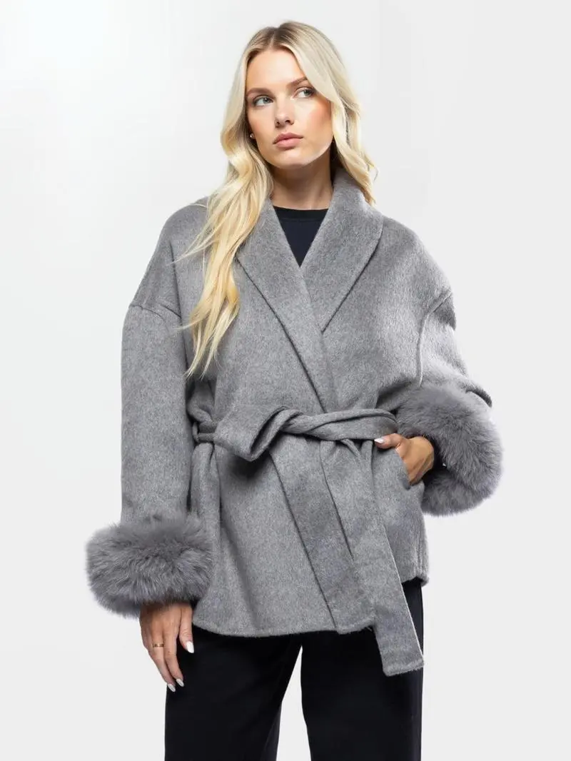 Women's Elegant Solid Color Waist Tie Plush Long Sleeve Thermal Wrap Coat