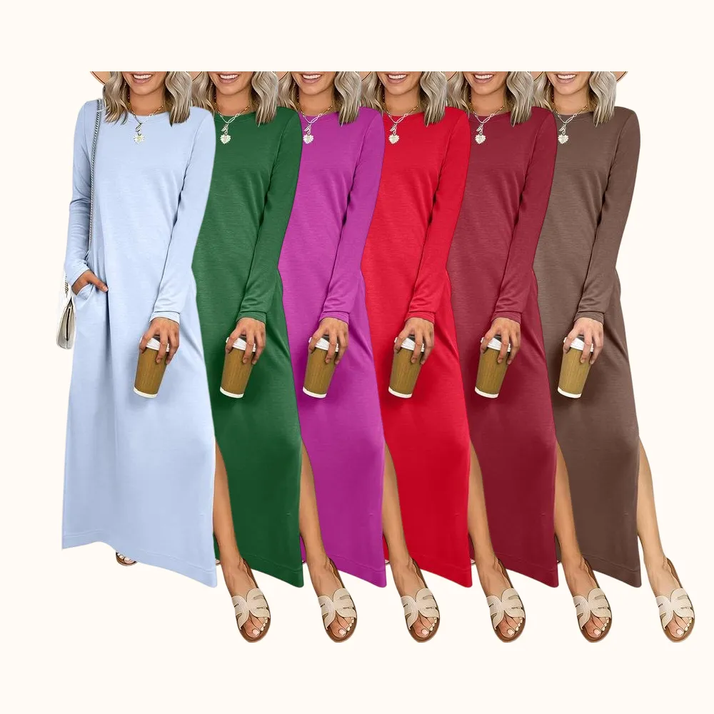 Women Long Sleeve Dresses 2026 Fall Casual Crewneck Loose Fit Split Flowy Wrinkle-Free Travel Vacation Maxi Dress