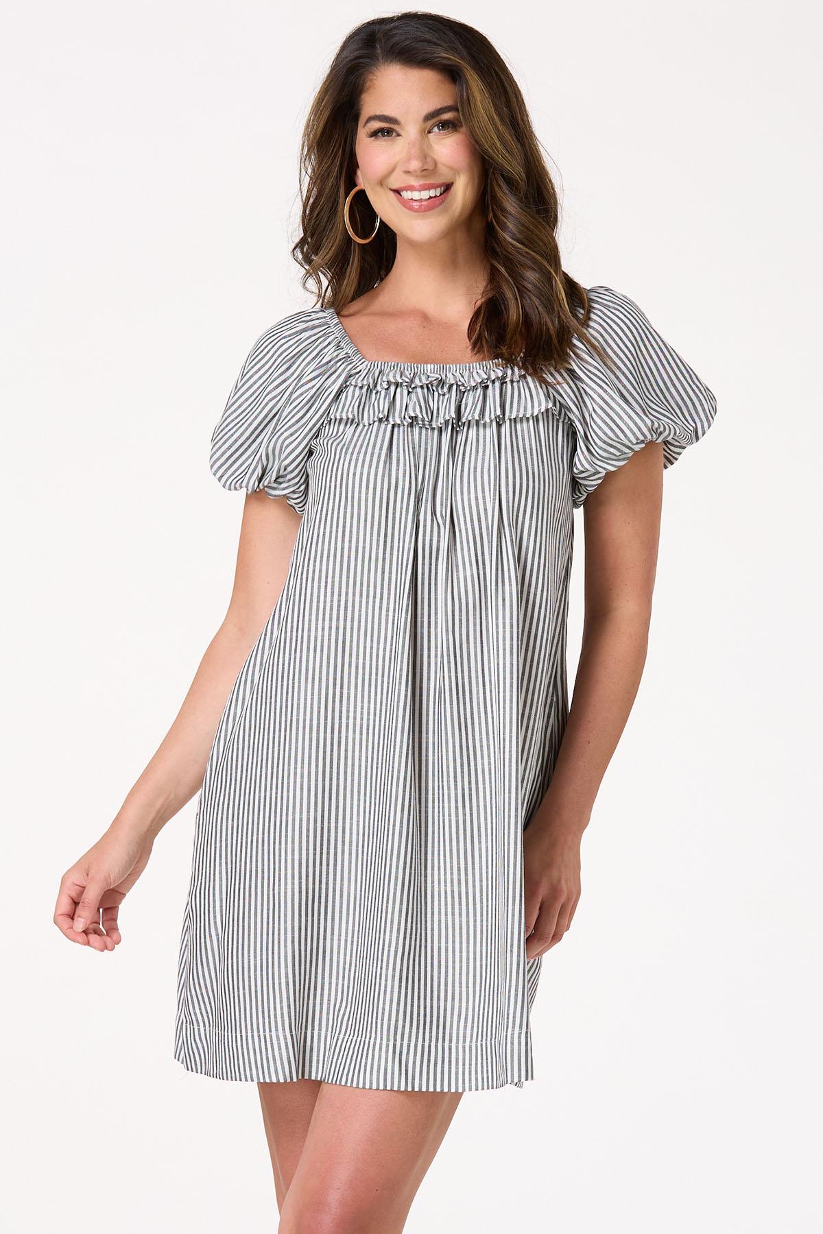 Stripe Puff Sleeve Swing Dress