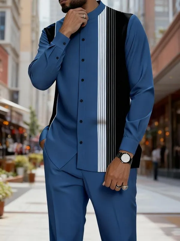 2 piece men's black and white vertical stripe graphic printed button up collar top and drawstring waist casual pants