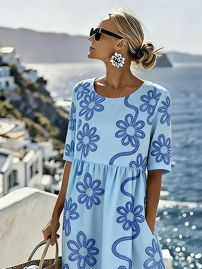Women'S Vacation Round Neck Short Sleeve Printed Dress- Fast Shipping