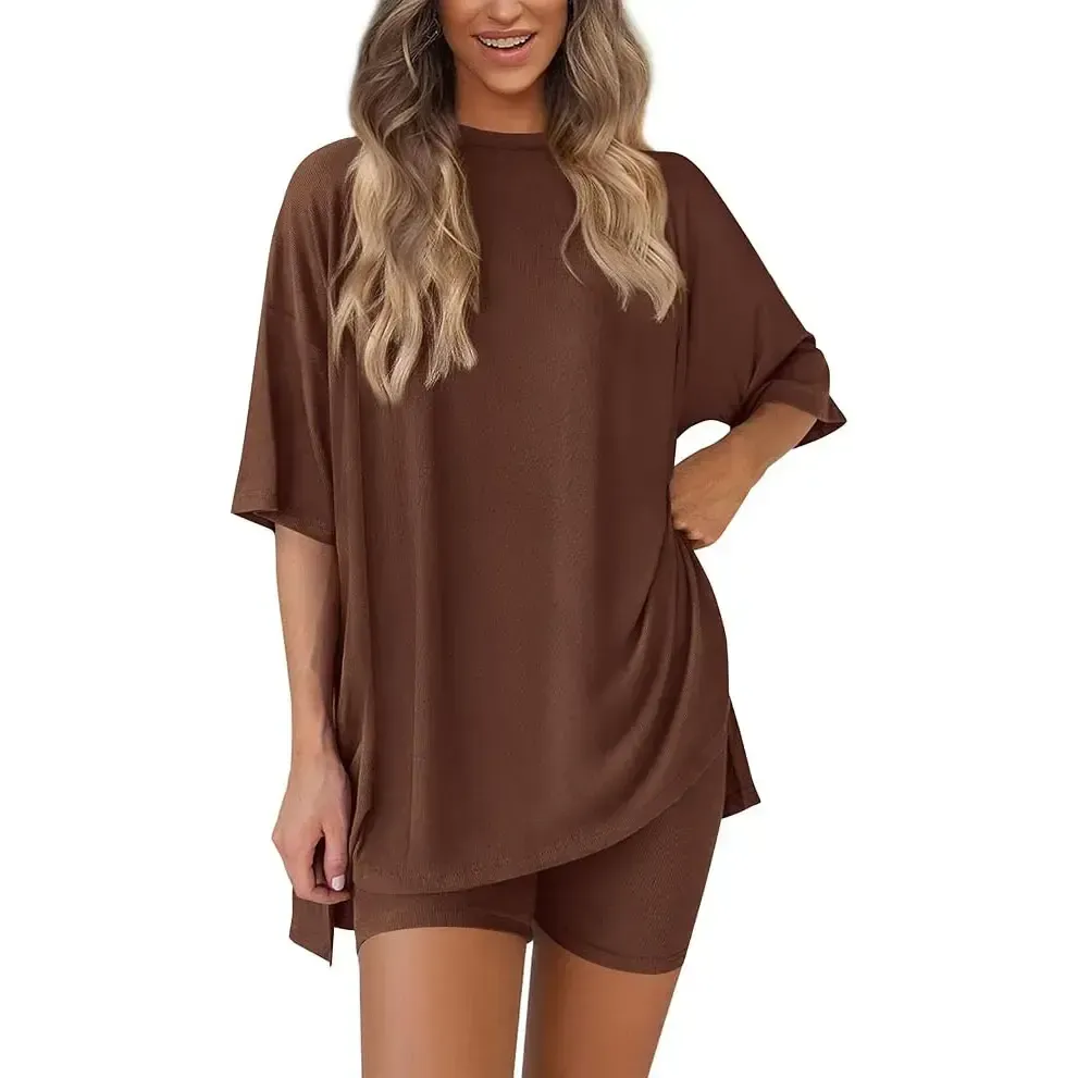 Crewneck Two-Piece Set For Women Summer Casual Oversized Split Hem Shirts