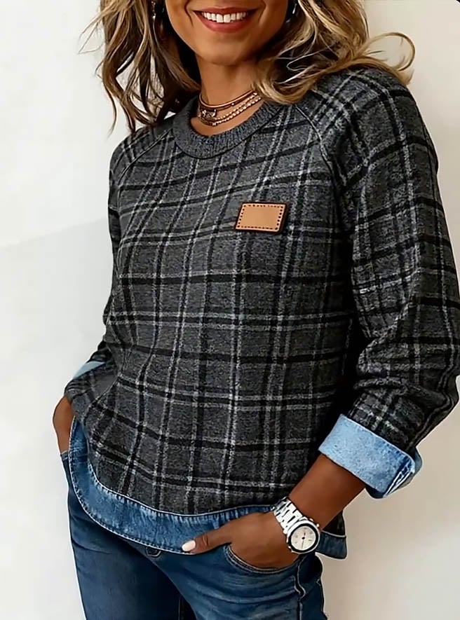 Women's Casual Round Neck Plaid Printed Panel Top