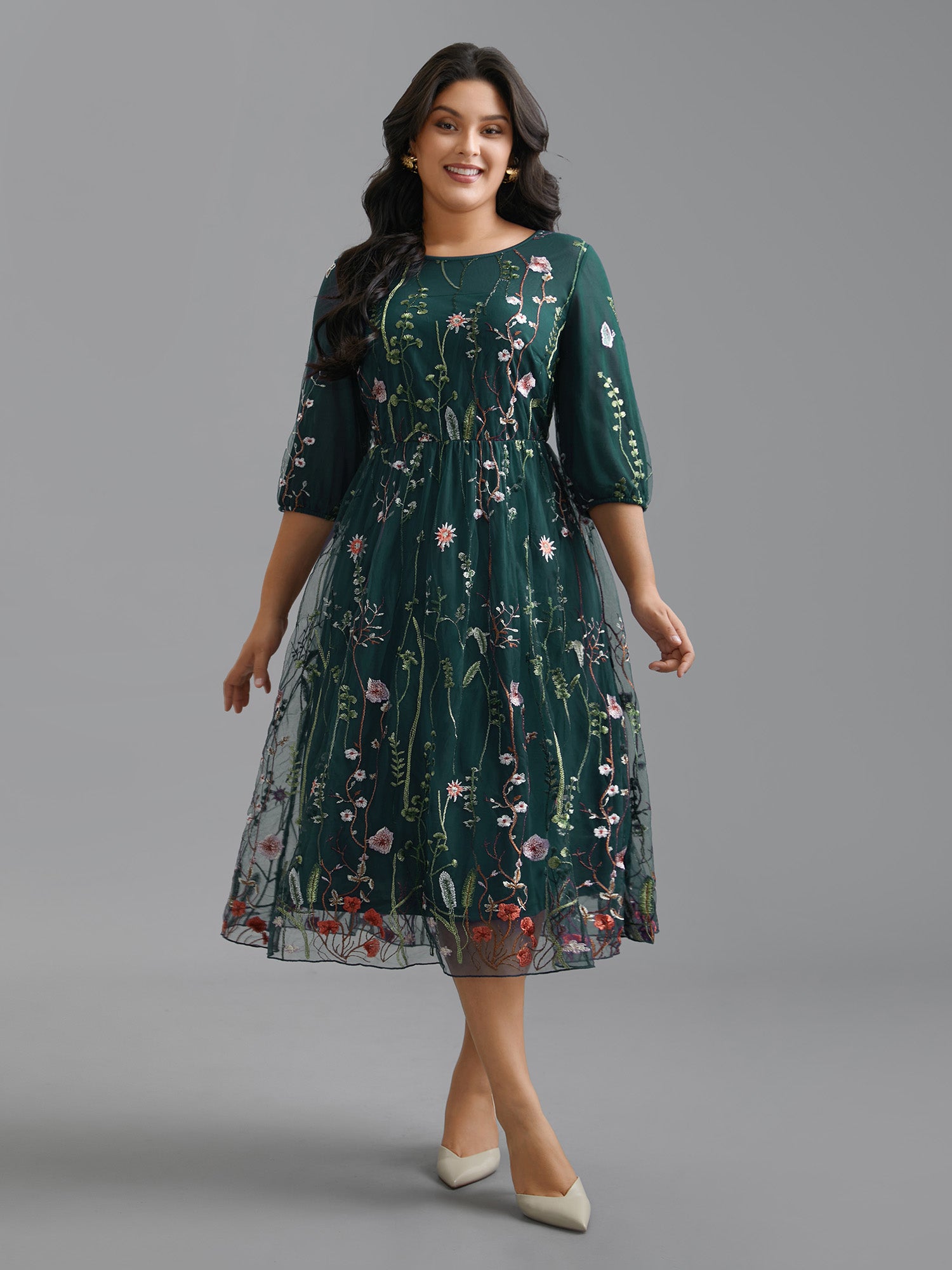 Floral Embroidered Elastic Waist Lined Midi Dress