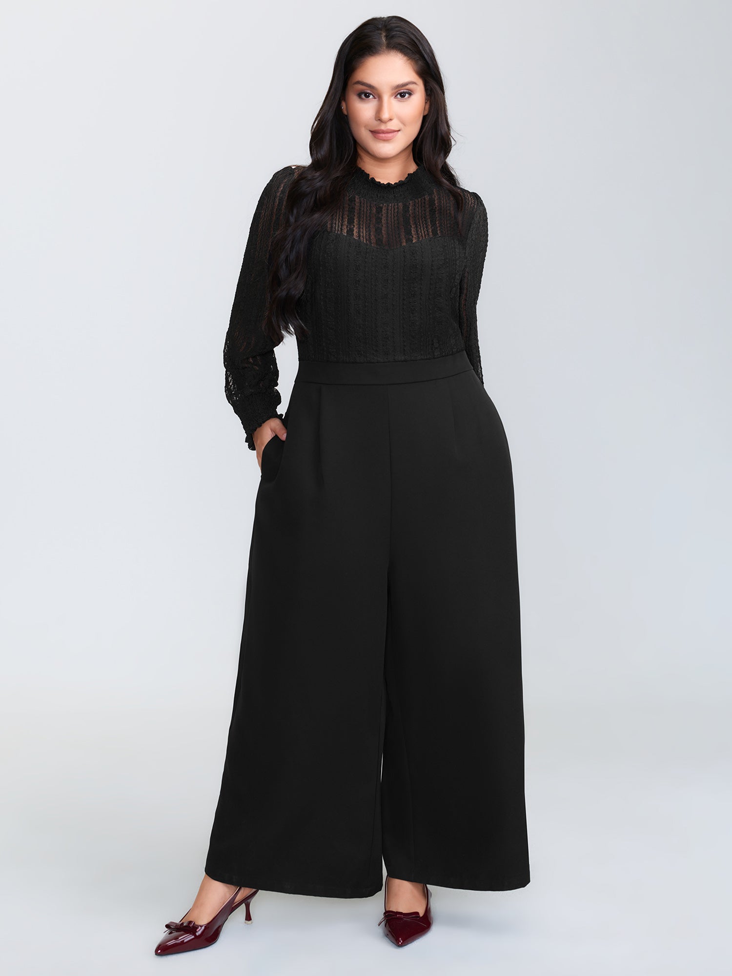 Geometric Lace Trim Sheer Wide-Leg Jumpsuit
