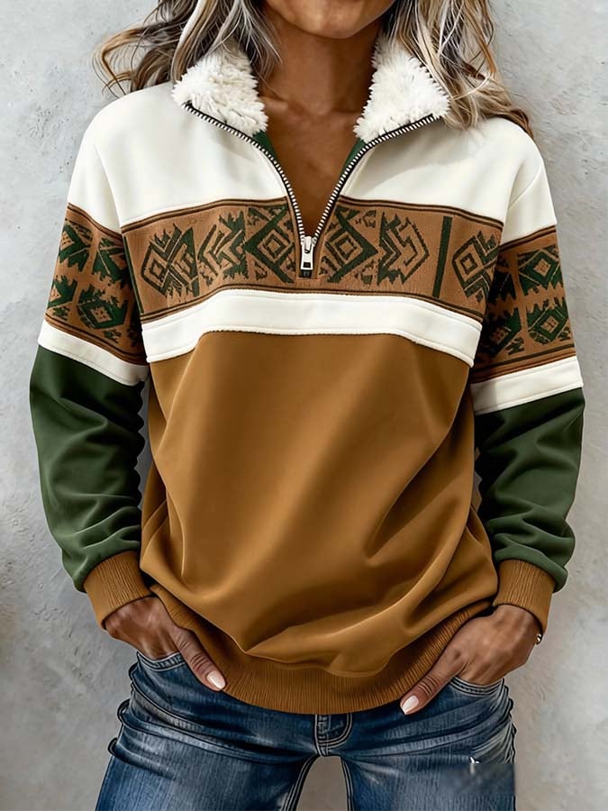 Women'S Casual Color Block Printed Pullover Sweatshirt