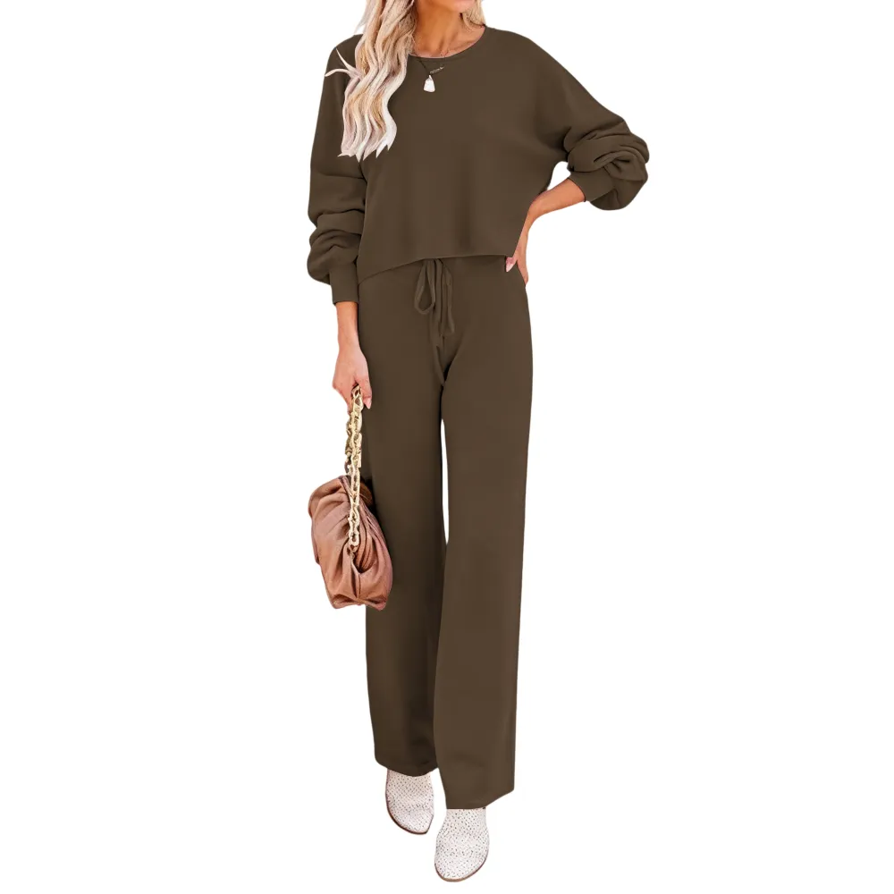 Womens Fall Winter Casual Solid Knitted 2 Piece Sets Long Sleeve Hoodie