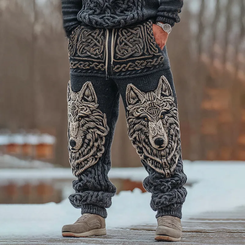 Men's Viking Wolf Celtic Knot Art Wide Leg Warm Knit Pants