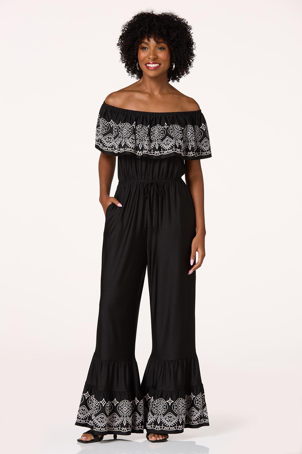 Flounced Off Shoulder Embroidered Jumpsuit