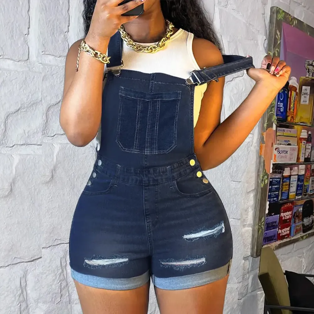 Women's Ripped Denim Bib Shorts - Dark Wash & Adjustable Straps