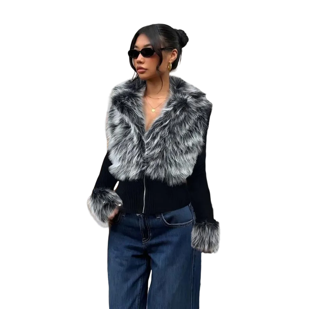 Women's Fashion Street Style Patchwork Knit Faux Fur Jacket