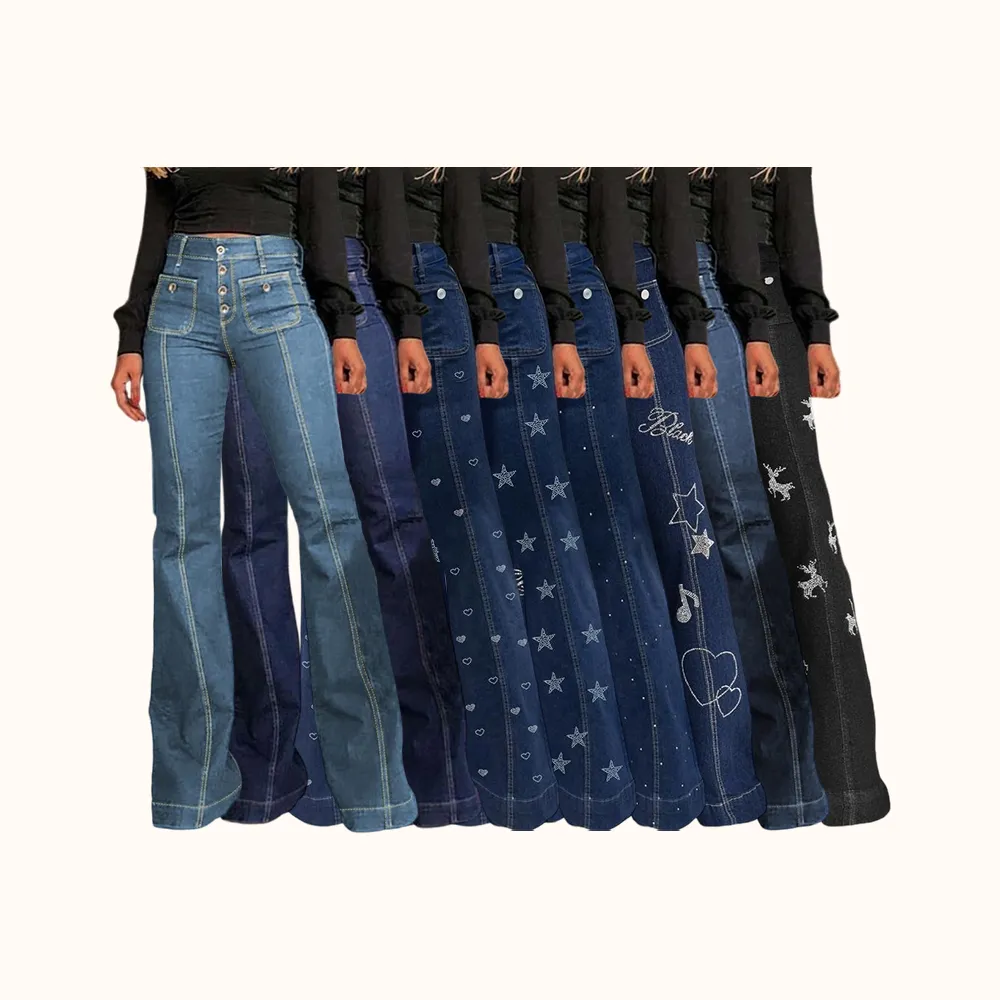 Women's Plain Flare Leg Jeans with Button & Pockets , Casual Bell Bottom Trousers for Daily Wear