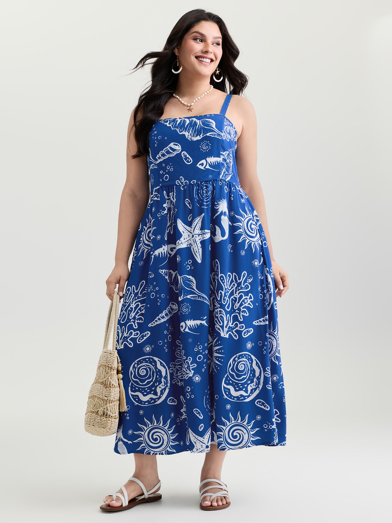 Ocean Print Shirred Adjustable Strap Maxi Dress