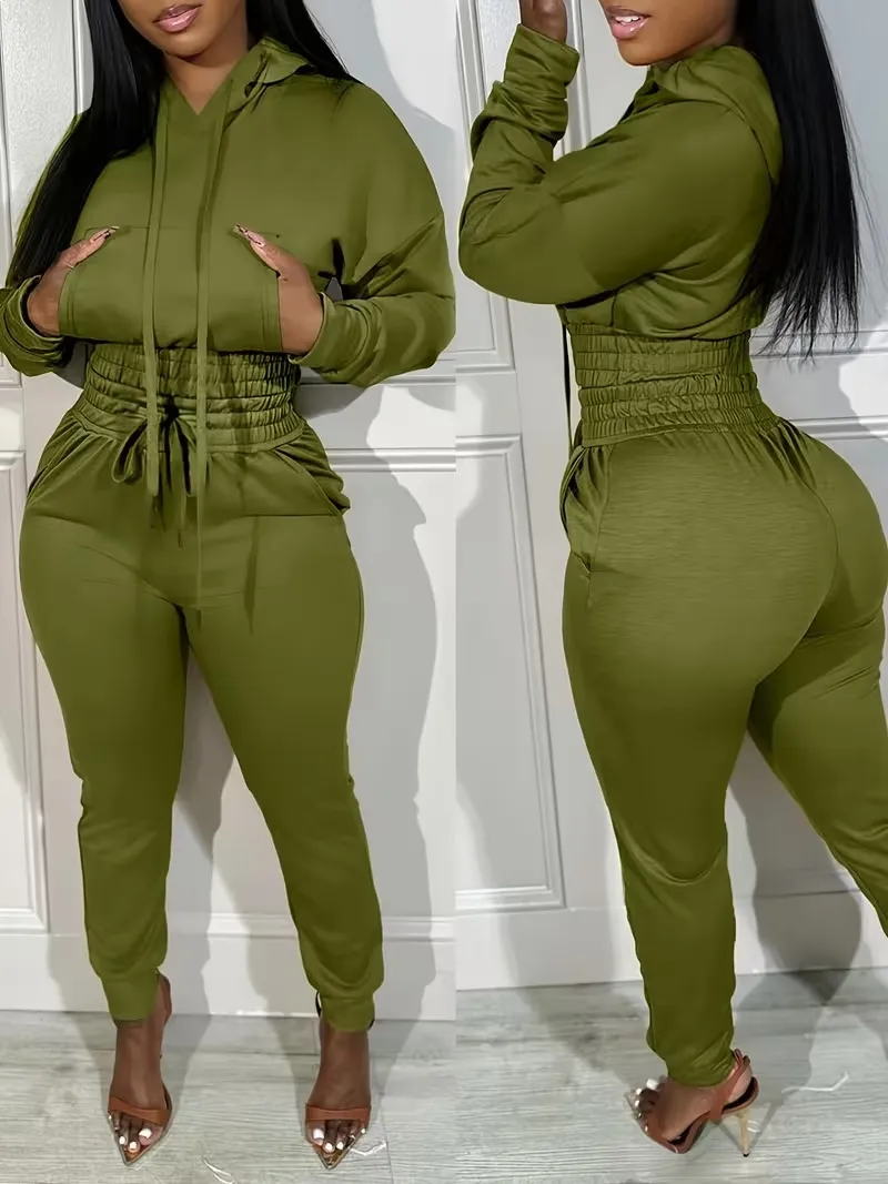 Womens 2 Piece Outfits Lounge Hoodie Shirred Waist Pocket Design Sweatshirt