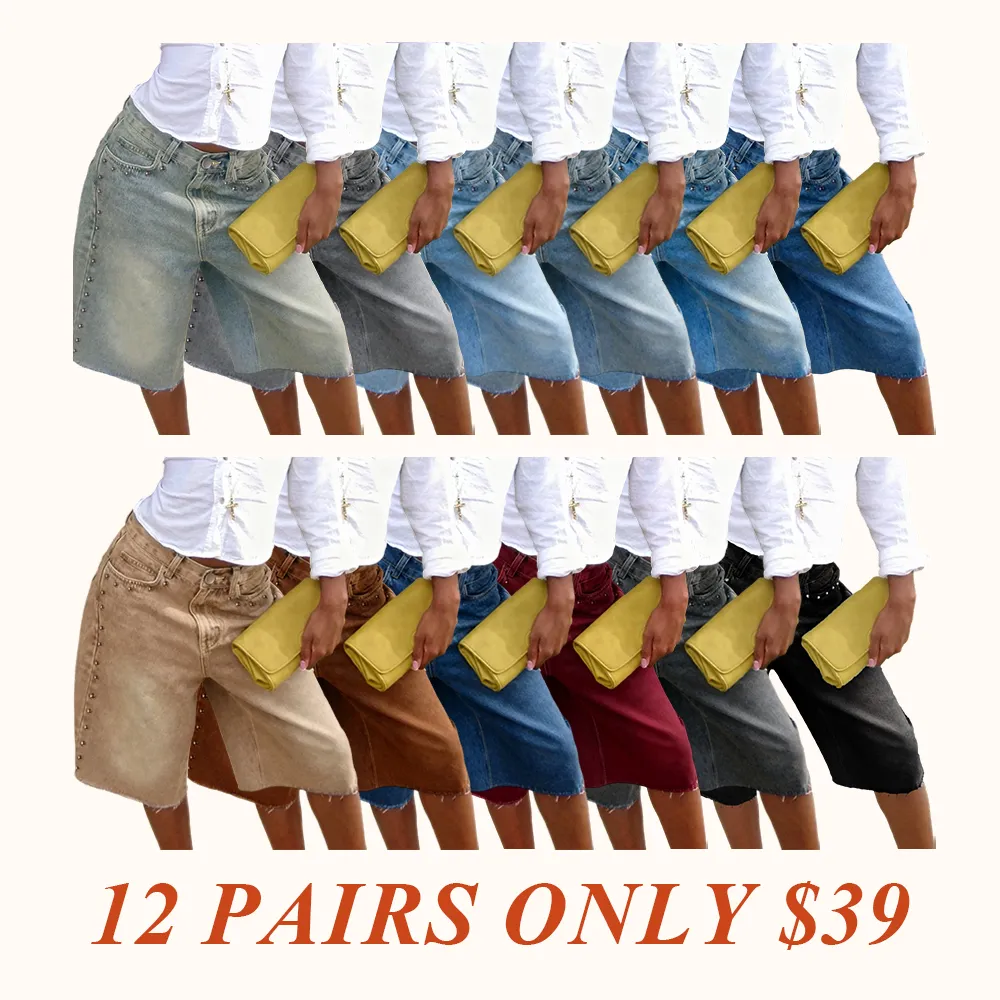 Washed Studded Wide-Leg Denim Jorts, Raw Hem High-Waisted Bermuda Shorts