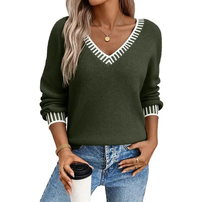 Womens Sweaters Long Sleeve V neck Warm Pullover Knit Tops