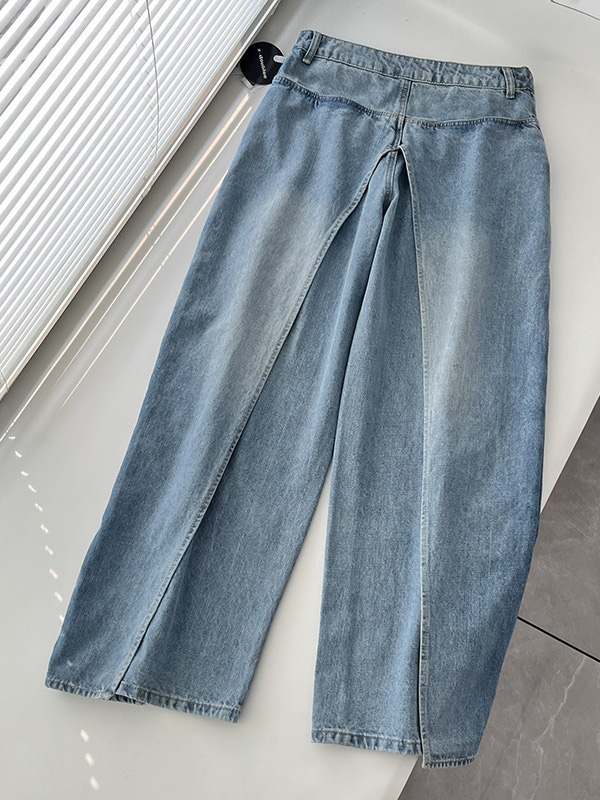 Pockets Reversible False Two Wide Leg Jean Pants Bottoms