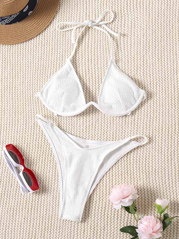 Plain Halterneck Underwired Bralette Brazilian Backless Bikini Swimwear