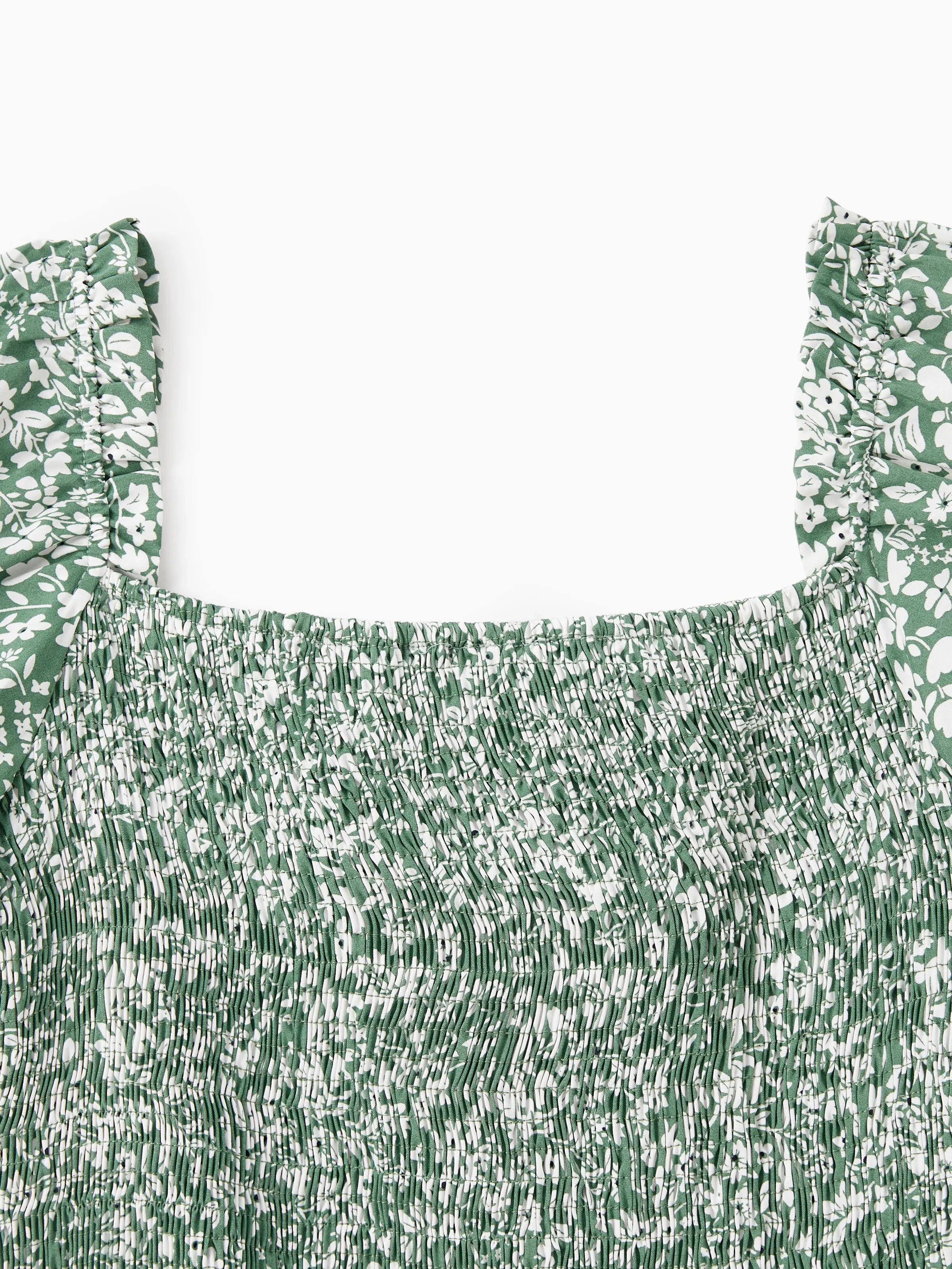 Elegant Broken Flower Matching Outfits for Family, Smocking Design, Medium Thickness Green