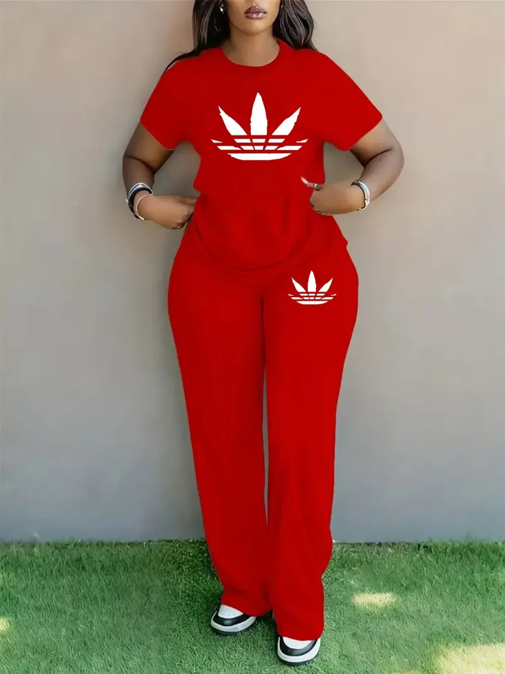 Women's Plus Size Spring Summer Fashion Print Round Neck Short Sleeve T-Shirt & Wide Leg Pants Two-Piece Set