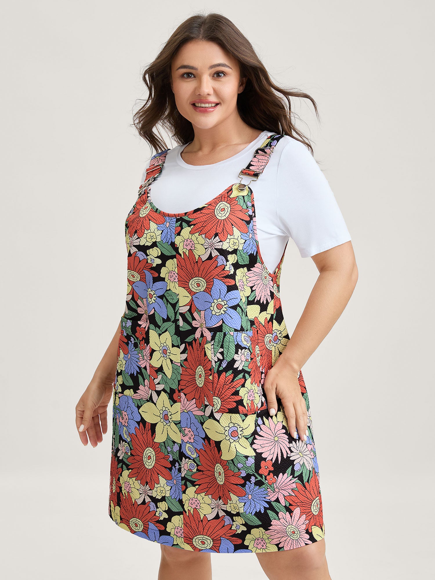 Floral Print Textured Overall Straps Dress