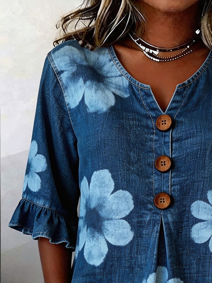 Women's denim casual printed short-sleeved top