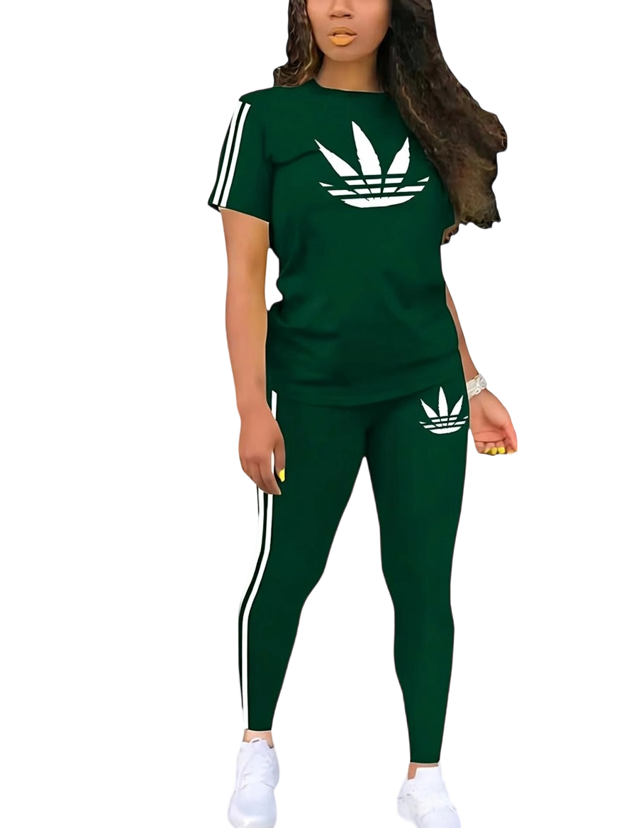 Women's Printed Casual Sporty Round Neck Drawstring Short Sleeve and Long Pants Two-Piece Set